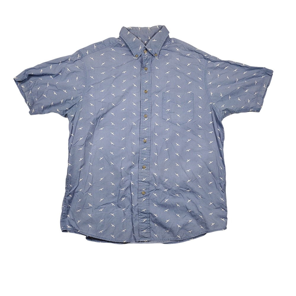 Roundtree‎ & Yorke Shirt Mens L Blue Bird Print Short Sleeve Button Down Cotton